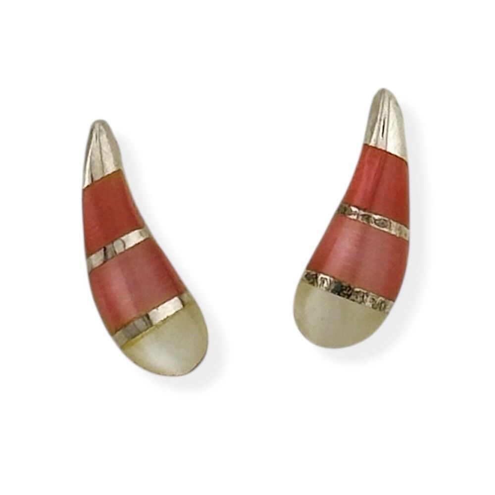 Vintage Zuni Style Pink Spiny Oyster Inlay Sterling Silver Stud Earrings